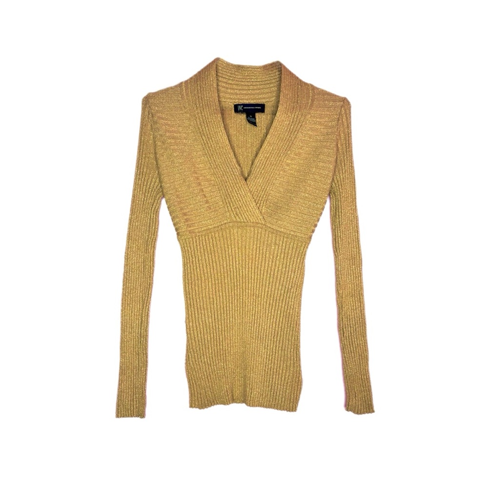 Vintage gold ribbed V-neck sweater with long sleeves giving Y2K preppy